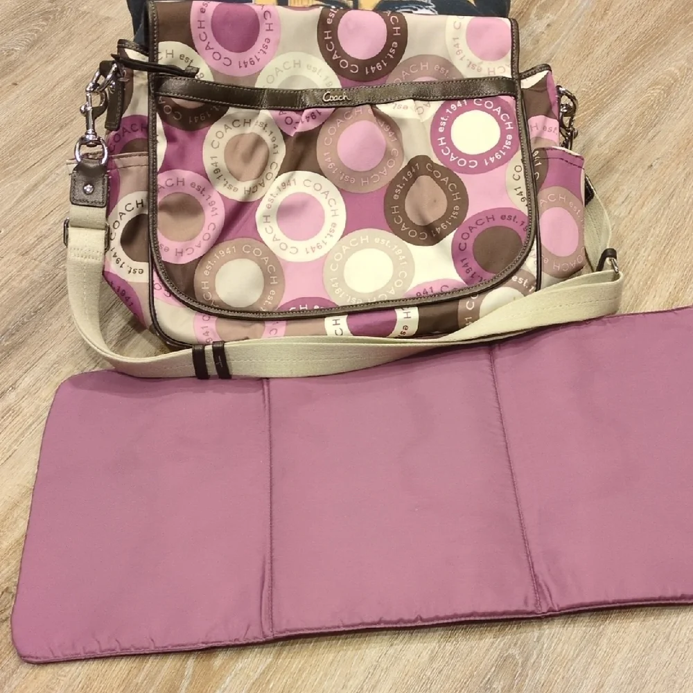 👶🎒Coach Pink/Purple & Brown Circle Diaper Baby Bag w/ Changing Pad👶🎒